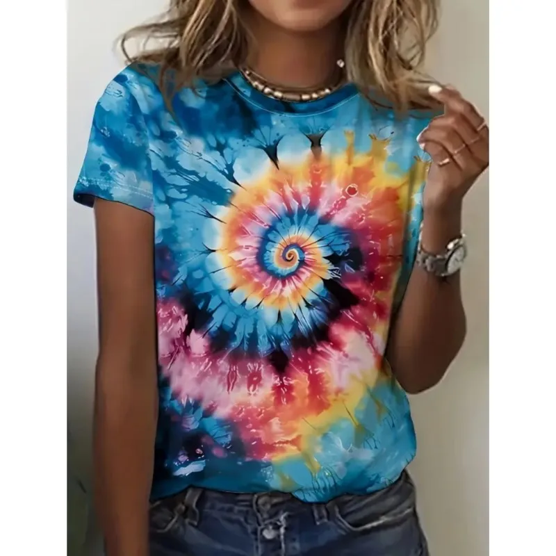 New women's short sleeved shirt elegant fashionable personalized trendy rainbow printed round neck pullover T-shirt for women