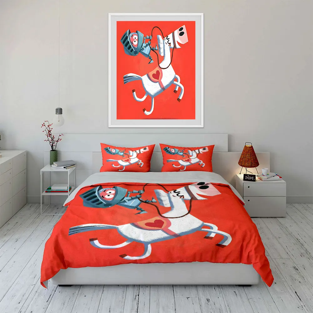 Cartoon Knight Riding a White Horse Print Soft Comfortable Duvet Cover Bedding Set Included 1*Duvet Cover  2*Pillowcases