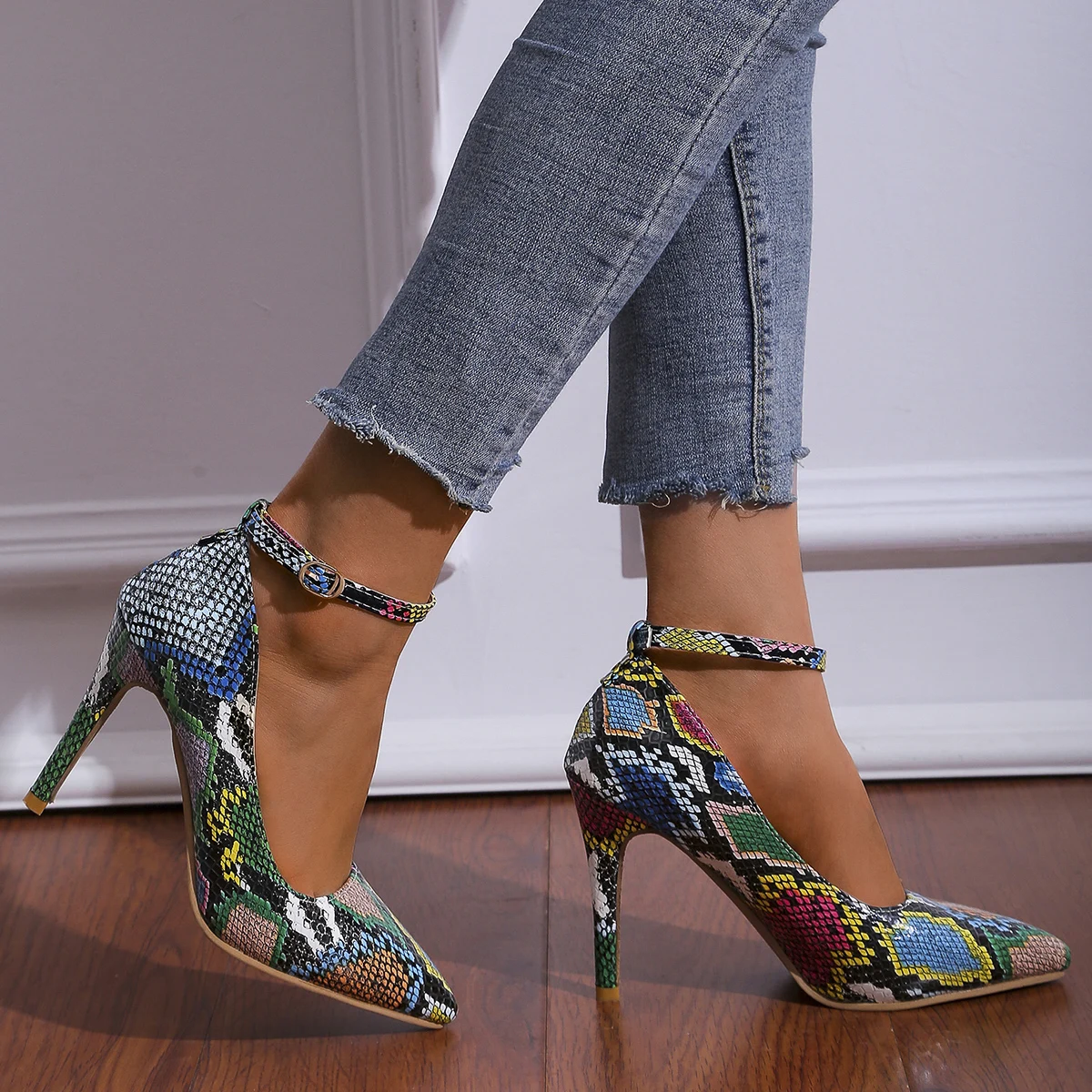 Kllyilala Sexy Snakeskin Buckles Leather Women Pumps Pointed Toe High Heels Dress Shoes Slip-on Patchwork Wedding Party Dress