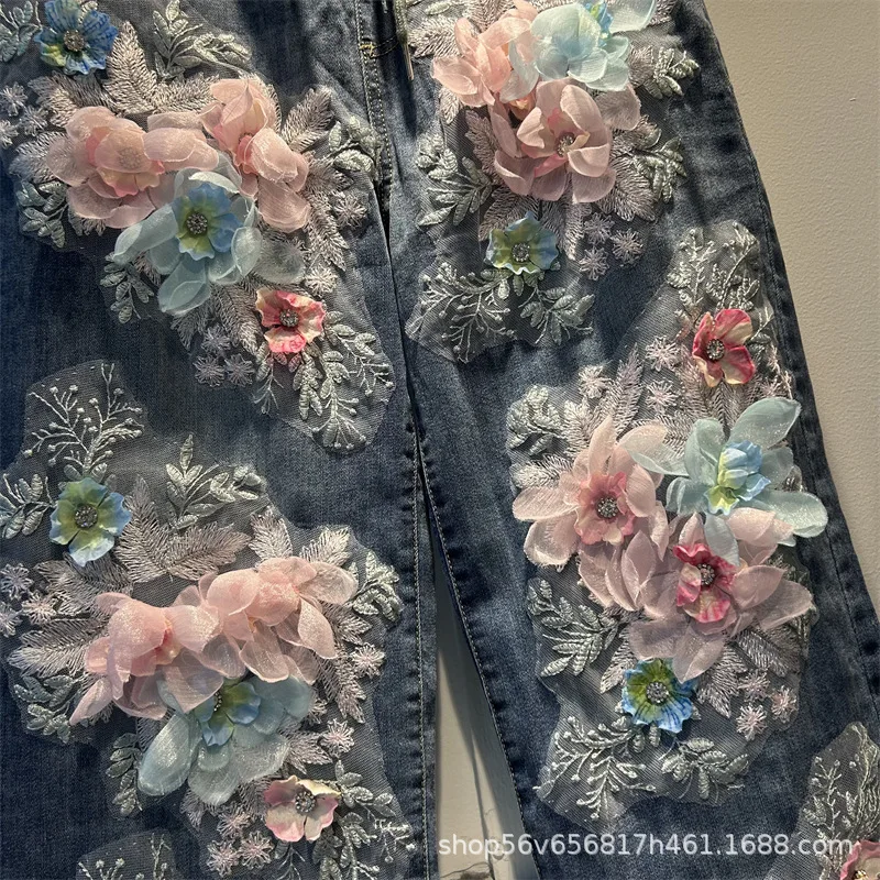 ثلاثي الأبعاد الزهور التطريز واسعة الساق الجينز لسيدة جديد الخريف مرونة الخصر فضفاض مستقيم السراويل العصرية سراويل جينز