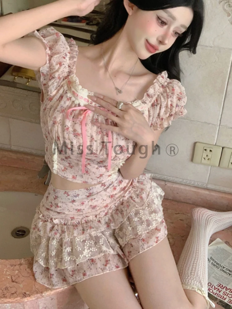 Summer Sweet Print Slim Lace 2 Piece Set Women Fashion Off Shoulder Short Sleeve Dress Female Elegant Skinny A Line Dresses New