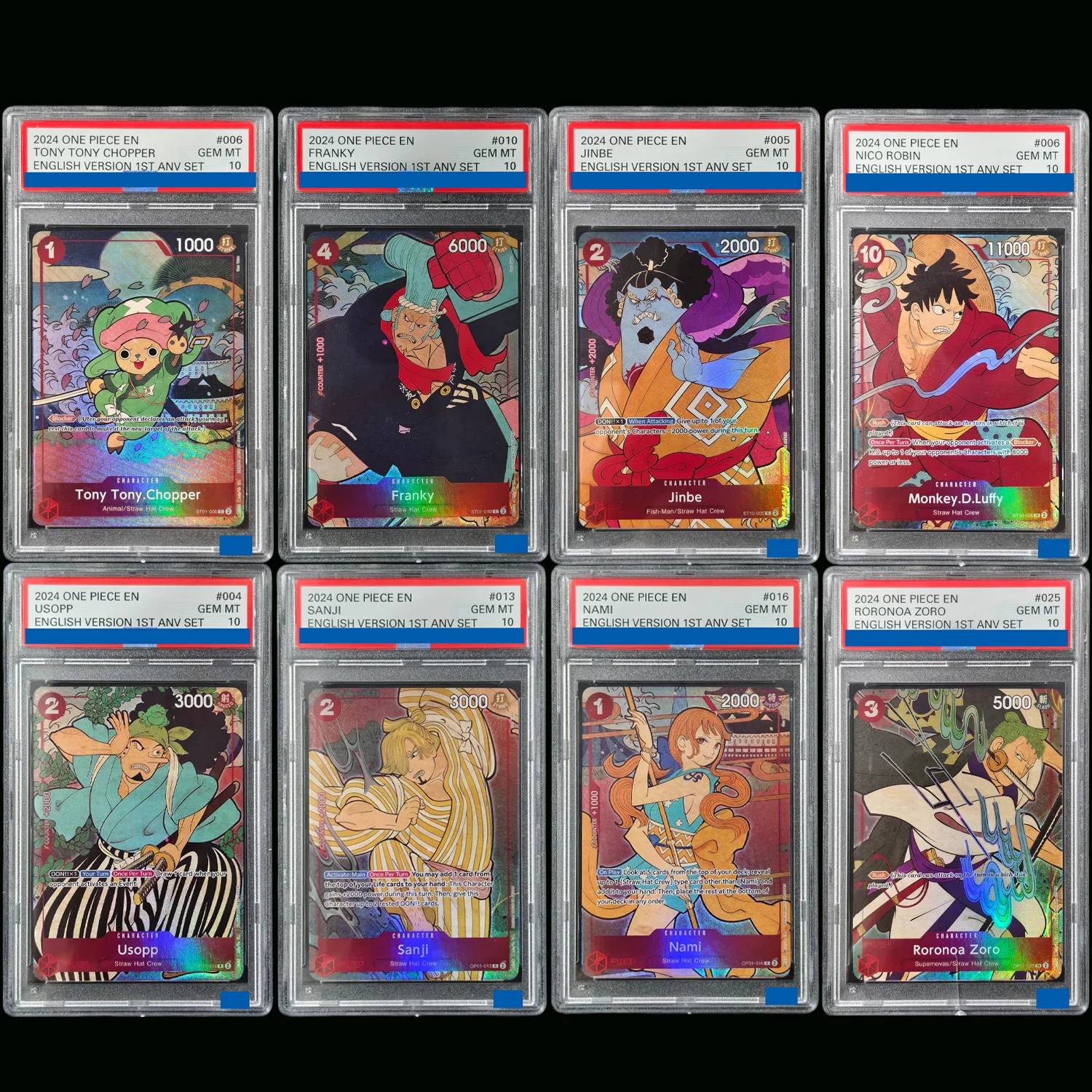 8 estilos 2024 One Piece Inglés 1er Aniversario Roronoa Zoro OP01-025 Nami Sanji Usopp Franky Tarjeta de Colección Grado Gem Mint 10