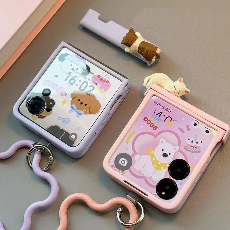 Korea Cute 3D Kitten Case Flower Strap Girl Case For Samsung Z Flip 7/6/5/4/3 For Motorola Razr 40 50 60 Ultra Xiaomi Mix Flip - náhled 5