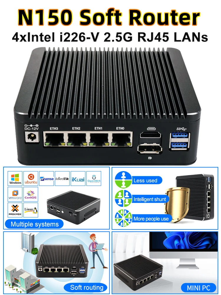 12th Gen Intel N150 2.5G Soft Router 4x i226-V Lans 1*COM RJ45 Fanless Mini PC HD DP USB-C pfSense Firewall Appliance PVE ESXi