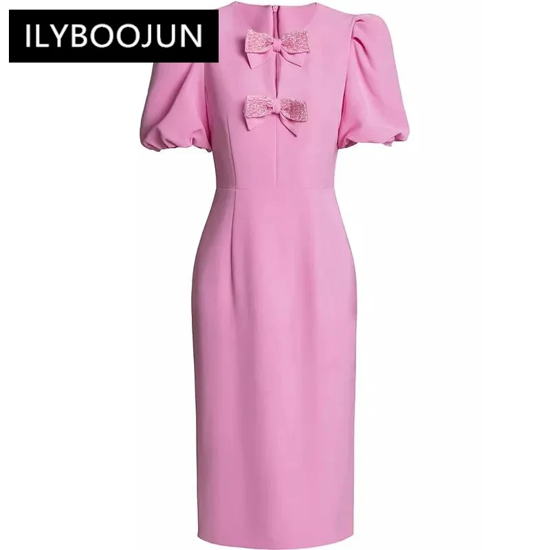 

Women's Dress Puff Sleeve Pretty Slim-fit Hip Wrap Bow Basic Commuter Office Work Dresses For Women 2024 Luxury Brand