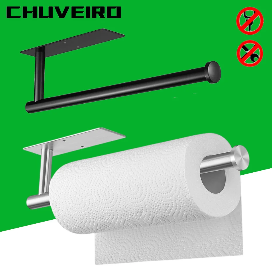 Adhesive Paper Holder for Bathroom Kitchen 304 Stainless Steel Brushed Black Toilet Paper Towel Holder Tissue Roll Rack Shelf