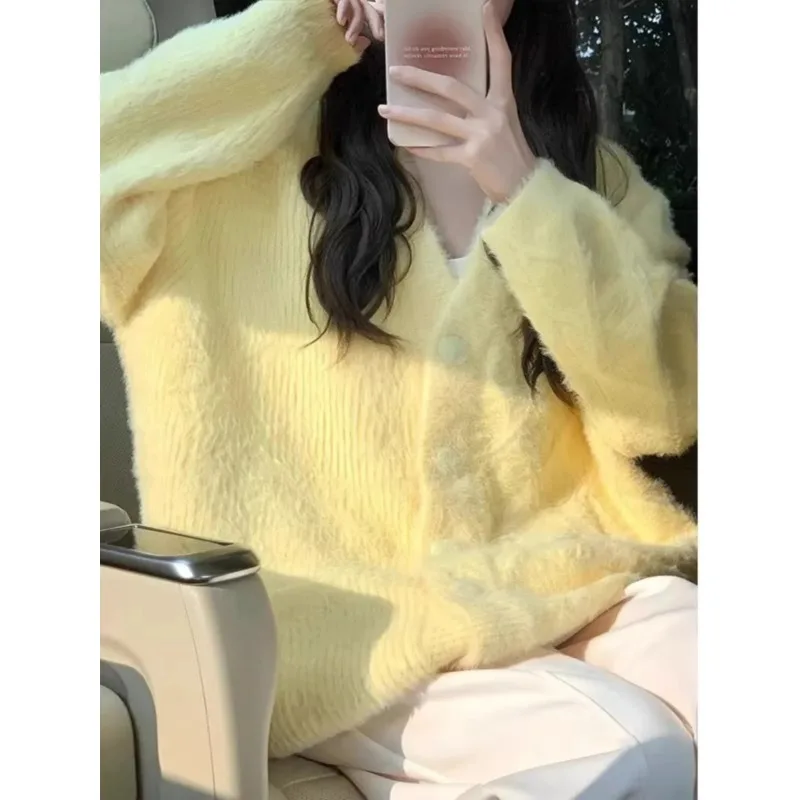 Women's Yellow Milk Series Cardigan, V-Neck, Soft, Glutinous, Knit, Autumn and Winter, Super Nice, Gentle Fairy Sweater