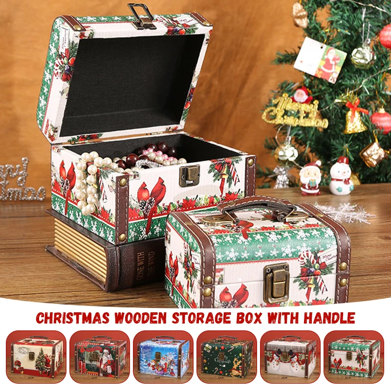 

Christmas Candy Box Vintage PU Leather Jewelry Packaging Box With Lock S/M/L Wooden Sundry Treasure Storage Box With Handle