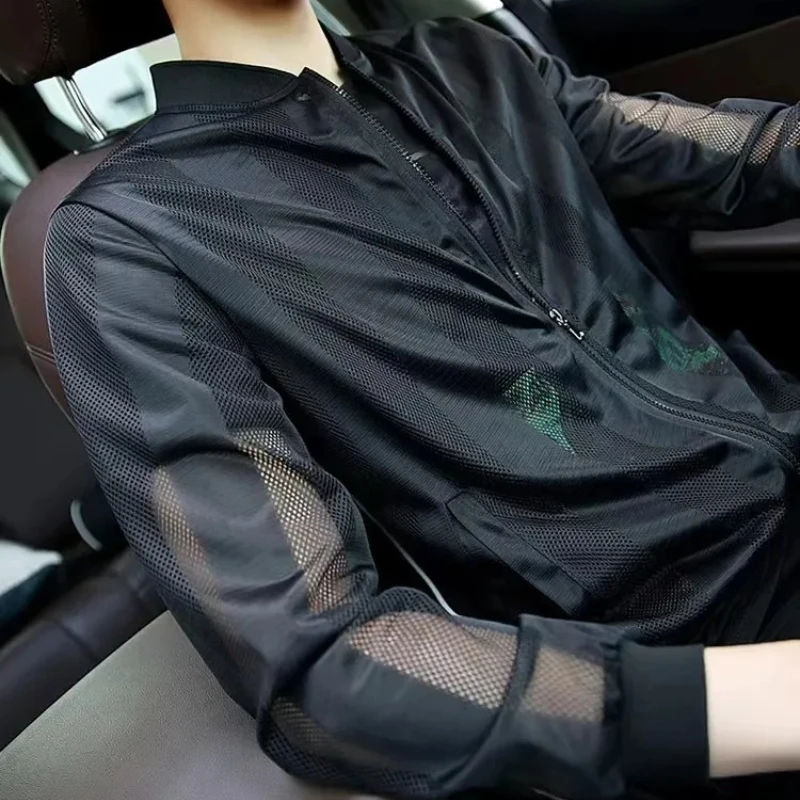 

Spring Summer New Thin Style Sunscreen Clothing Man Fashion Printing Sleeve Cardigan Men Round Neck Zipper Hollow Out Coat