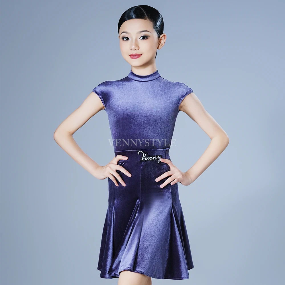 

Vennystyle Latin Dance Costume Girls Champion Velvet Long Sleeve High Neck Ballroom Dress Flared Skirt No Boning