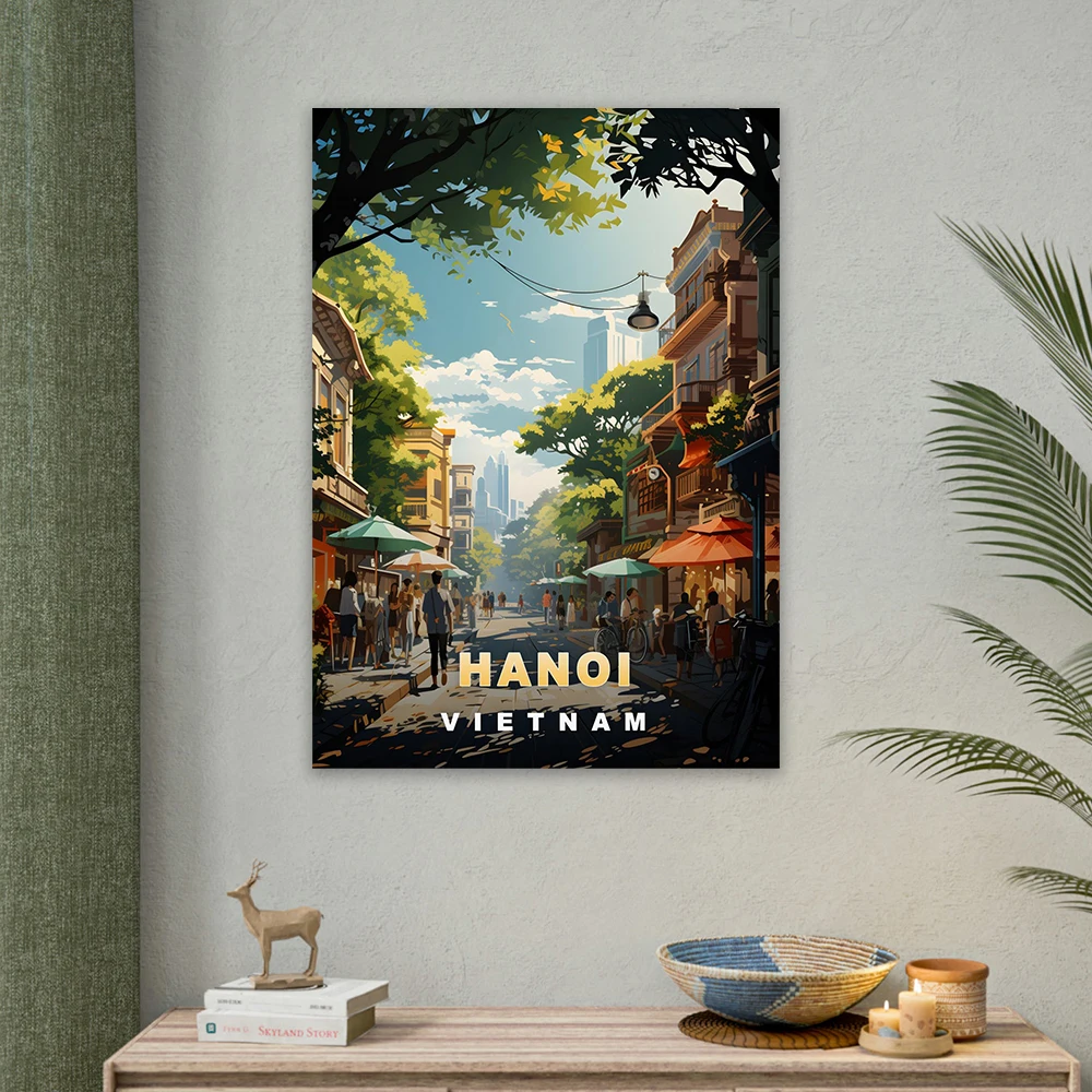 1PC frameless decorative art print,Hanoi Vietnam Travel Poster Train Street Vintage Style Wall Art Print Southeast Asia Cityscap