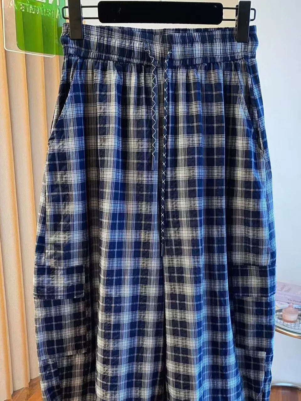 레이드바 대형 사이즈 여성용 체크무늬 루즈 캐주얼 와이드 레그 팬츠 하이웨이스트 코튼 편안한 가을 시즌 여성 바지