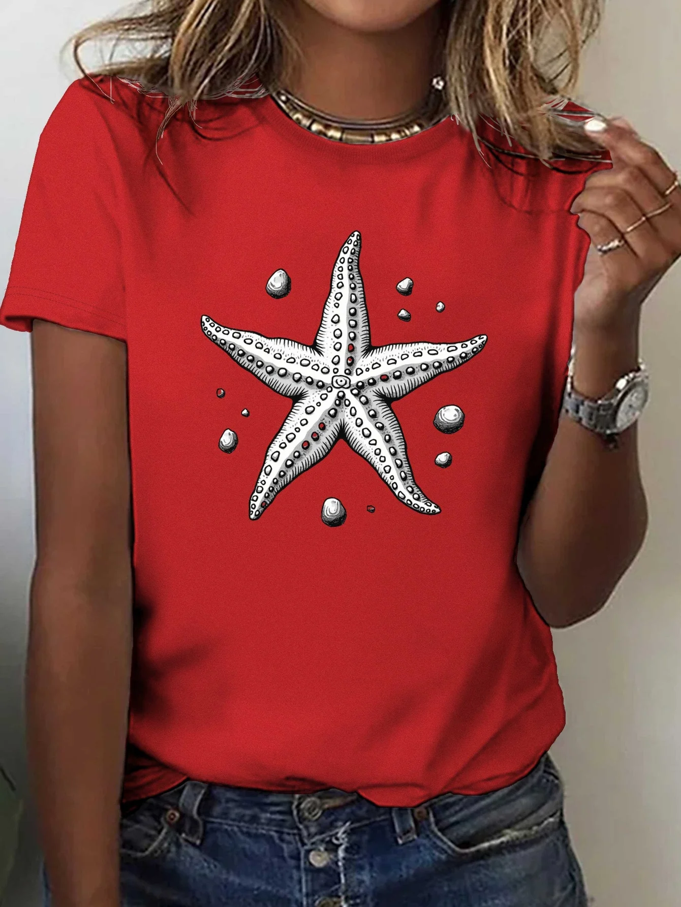 Hand Drawn Starfish and Stone Pure Women's Comfortable and Fit Harajuku Sleeve Casual Clothing Street Tops Tee Aesthetic Clothes
