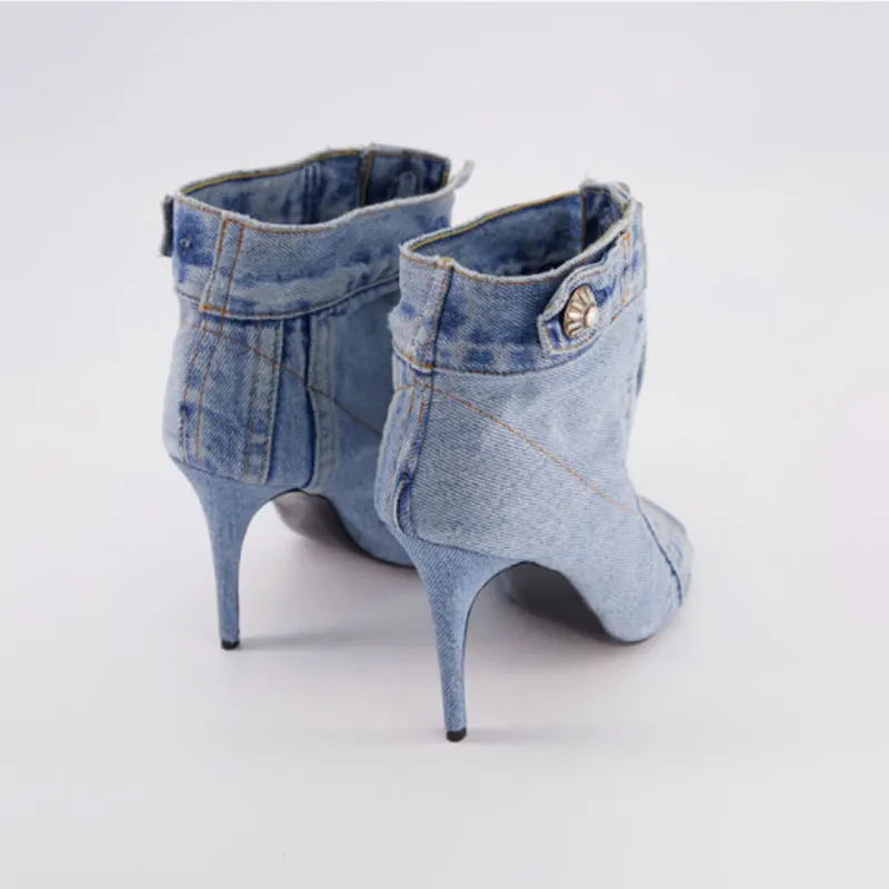 Women\'s Square Head Fish Mouth Open Toe Ultra High Heel Denim Personalized Button Decoration and Ankle Short Boots