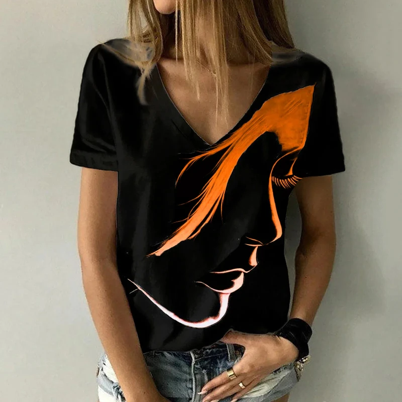

Women's abstract portrait 3D printed T-shirt, V-neck oversized short sleeved shirt, women's streetwear, men's and women's tops