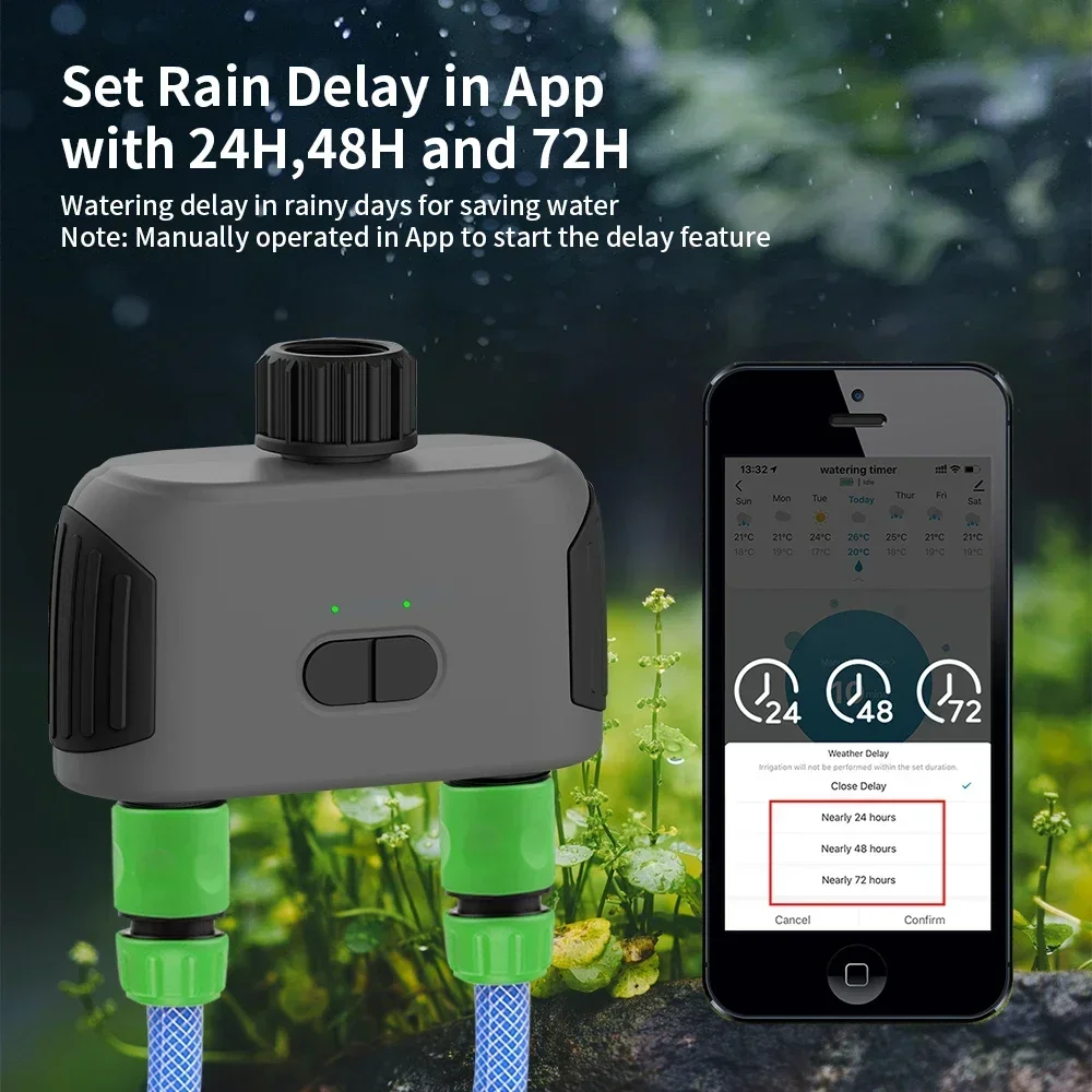 TNCE Tuya Smart Bluetooth Dual Hose Garden Irrigation Watering System Remote Garden Water Timer Rain Delay support Alexa