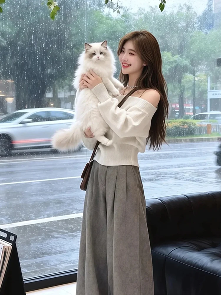 Chic Korean Sle White Asymmetrical oulder Knit Sweater Women's Faionable Autumn Winter Long Sve Loose Fit Sweater