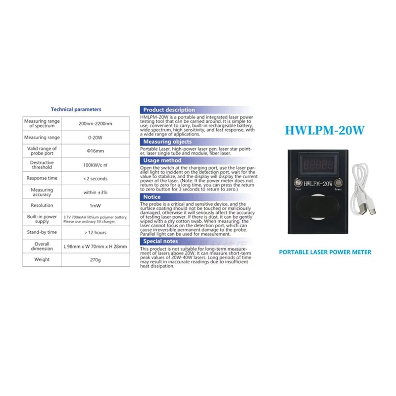 Imagem -02 - Mini Medidor Portátil do Poder Termoelétrico Medidor Integrado Preto do Poder Hwllpm20w 200nm-2200nm Grupo