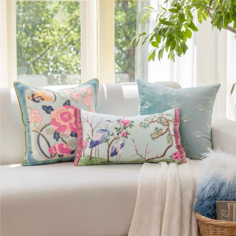 Chinese Crane Print Pillows Pink Green Color Cushion Case Country Style Flora Decorative Pillow Cover For Sofa Chair Home Decor