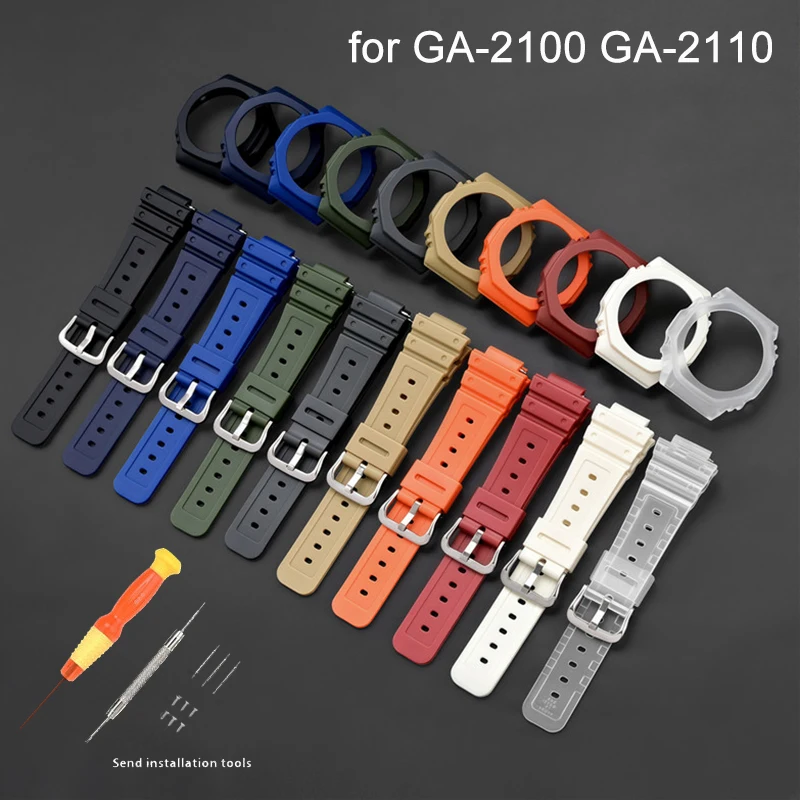 المطاط حزام ساعة اليد الحافة ل كاسيو G-SHOCK GA-2100 GA-2110 الراتنج حزام (استيك) ساعة الرجال الرياضة مقاوم للماء تعديل عدة مع أدوات