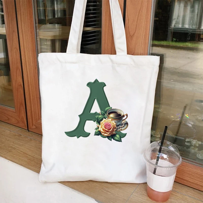 Canvas Bag for Women Bacherlette Party Handbag Rose Coffee 26 Alphabet A-Z Shopper Reusable Shoulder Bag Floral Letter Tote Bag