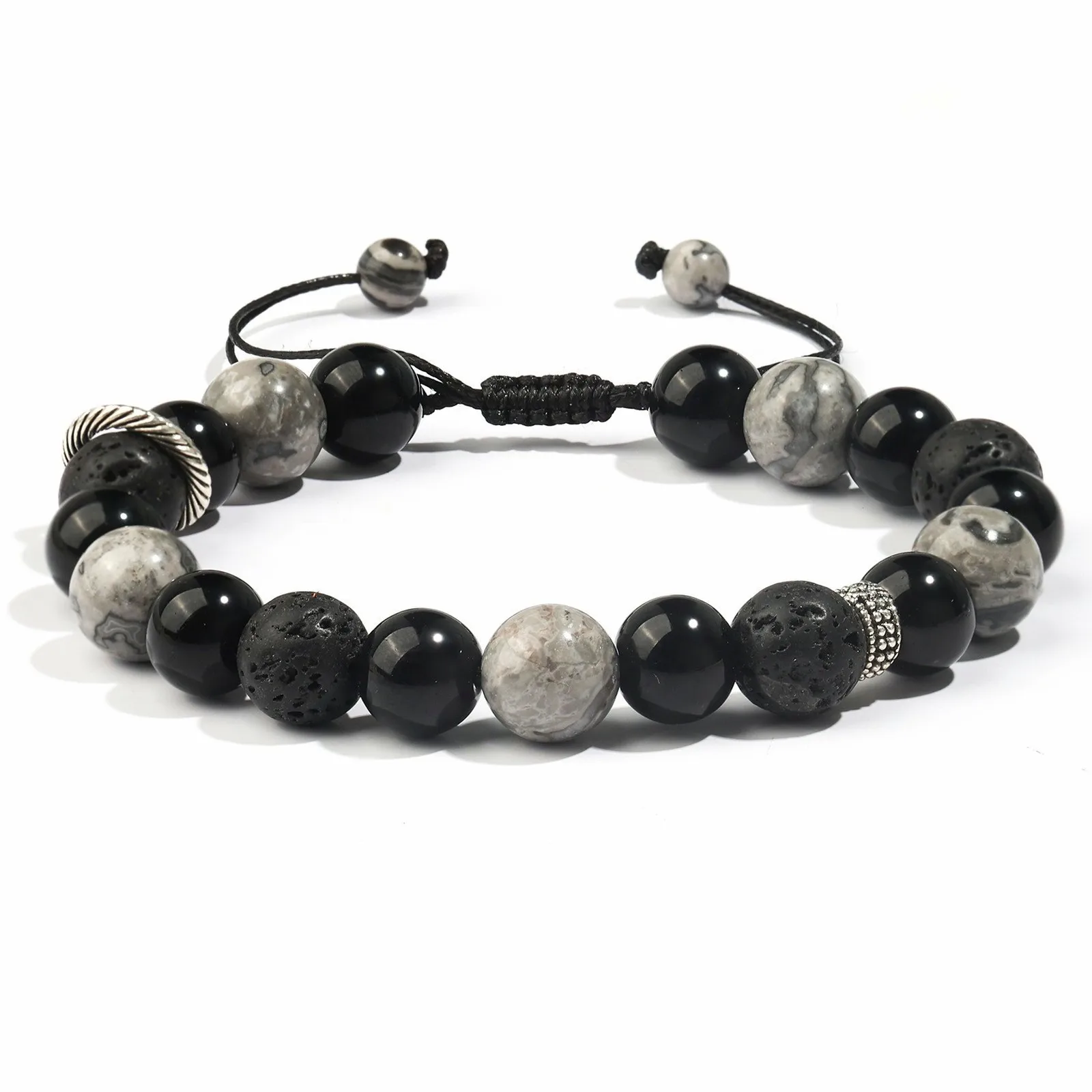 Natural Stone Irregular Bracelet, Alloy Spacer Beads, Map Stone, Obsidian, Snowflake Stone, Yellow Tiger Eye Faceted Beads