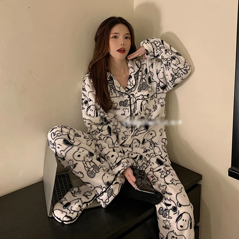 White Puppy Print Coral Fleece Women's Long Sleeve Long Pants Pajamas 2023 New Autumn Winter Warm Loungewear Two Piece Set