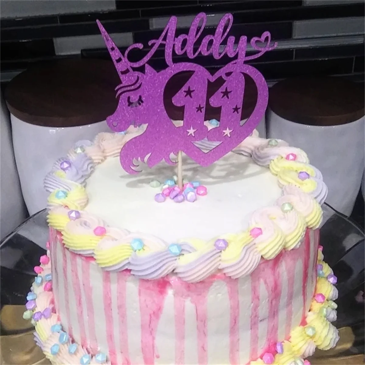 Personalised Birthday Glitter Cake Topper by Cakeshop | Custom Colour Any Name and Any Age Cute Unicorn Love Heart Decoration |