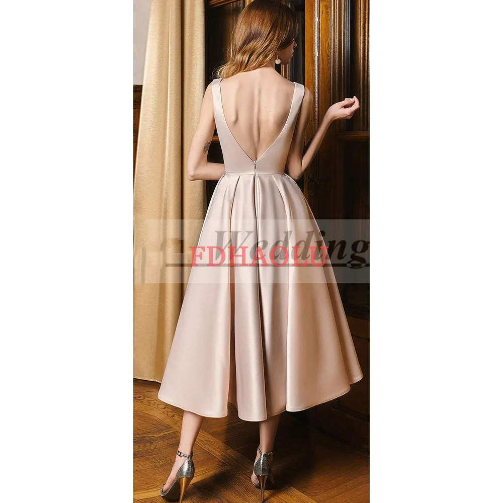 Customized Vintage Satin Evening Dress Sleeveless V Neck Tea Length Simple Prom Dress For Woman Short Party Dresses