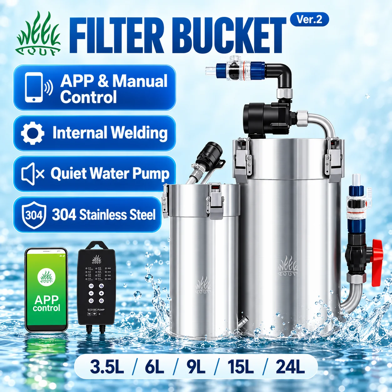 Week Aqua Stainless Steel External Canister Filter Intelligent Control Aquarium Filter Bucket with Water Pump Ultra Quiet
