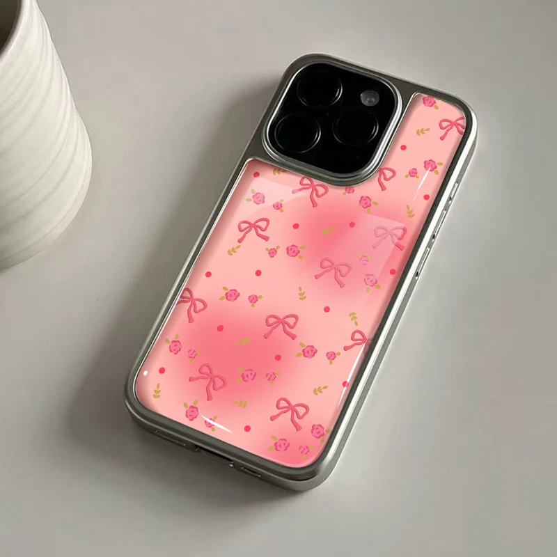 Ins Romantische rosa Blumen-Hydrogel-Rückplatte, silberner Rand, stoßfeste Handyhülle für iPhone 17, 16, 15, 14 Pro Max