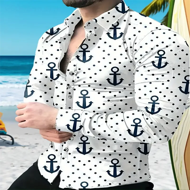 

Fashion Men's Long Sleeves Shirts ship's anchor patterns Shirt Autumn New Lapel Button Down Shirt No pocket Men's festival Shirt