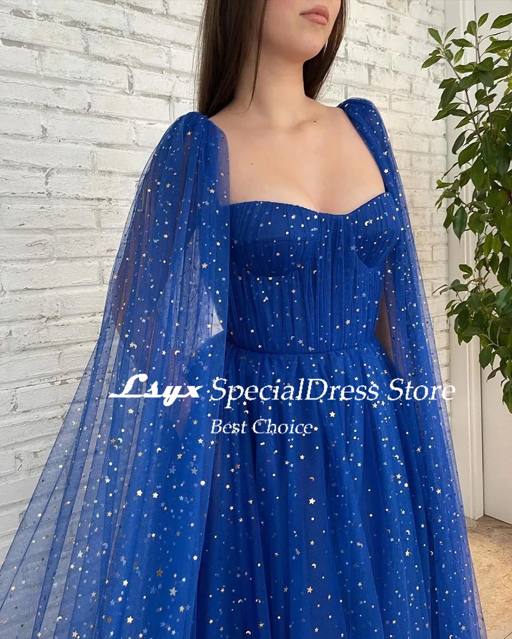 Spaghetti Straps Cape Sleeves Evening Dresses 2024 Moon Star Print Tulle A-Line Floor Length Prom Dresses vestidos de gala mujer