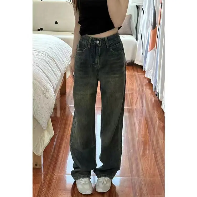 여성용 플레어 진스 스택드 러플 플리츠 드레이프 슬릿 비대칭 디테일 사이드 팔라조 드레이피 플루이드 스타일리시 시크 스트레치