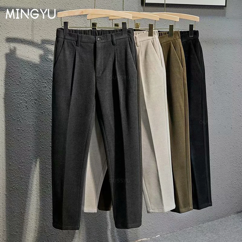 Winter Thick Suit Pants Men Casual Straight Drape Korean Classic Fashion Business Woolen Cloth Brown Black Formal Trousers Male