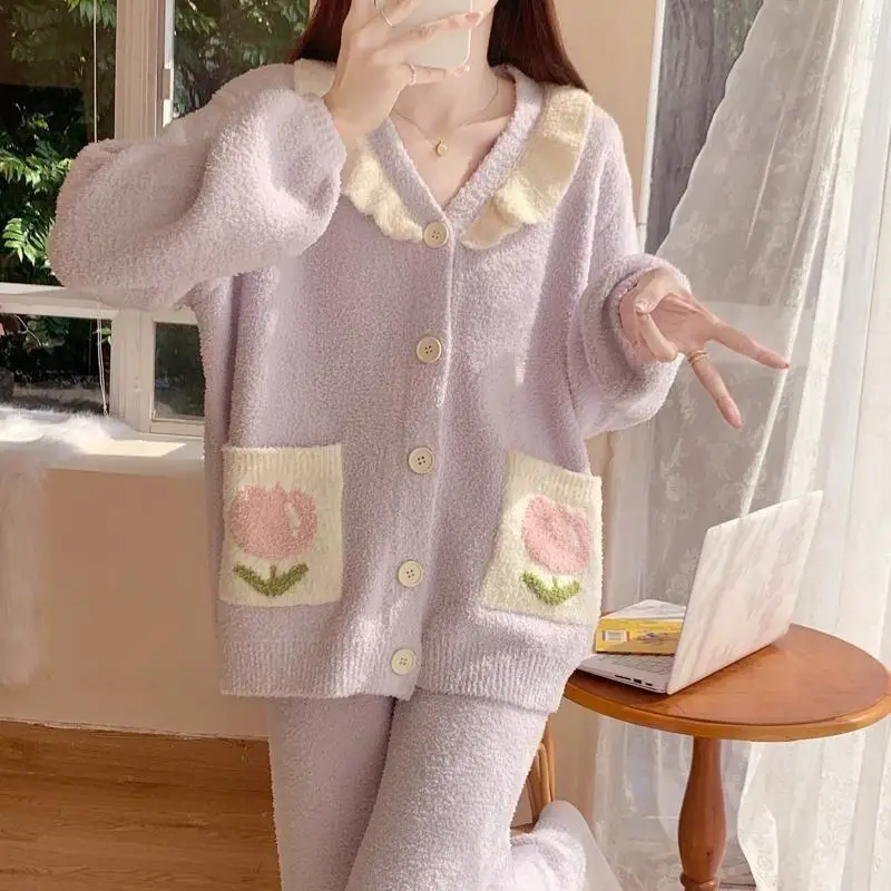 

Женские пижамы, удобная одежда для сна, хлопковый пижамный комплект, зима-осень, свободная одежда больших размеров, милая милая плюшевая домашняя одежда принцессы