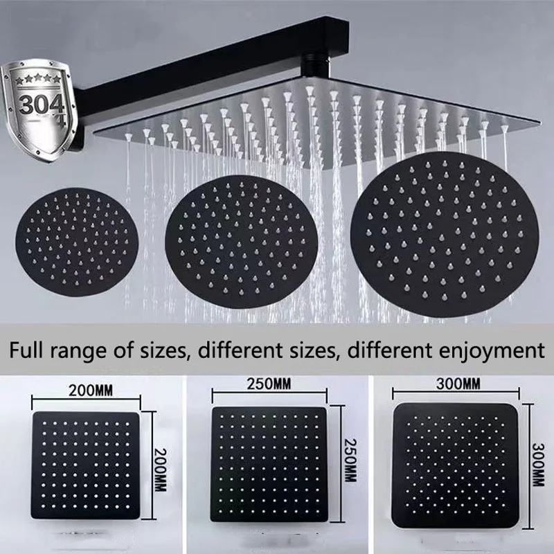 Black Square Shower Head Rainfall Shower Accessories Stainless Steel Top Bathroom Ultrathin Shower Head Ceiling Install