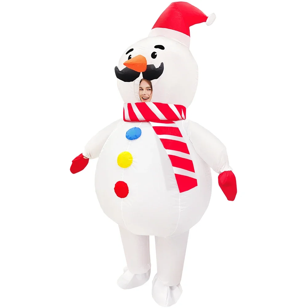 Christmas Inflatable Snowman Costume Colorful Buttons Santa Hat - Funny Giant Bearded Snowman Cosplay Suit for Holiday Party