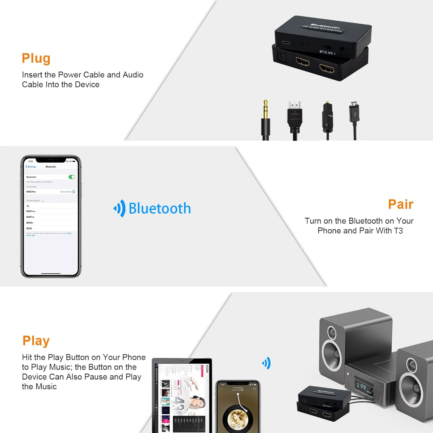 Hdmi Audio Extractor Wireless Bluetooth  Receiver For Car Stereo Mp3 Player Sound Box With 3.5mm Earphones And Spdif Output Jack
