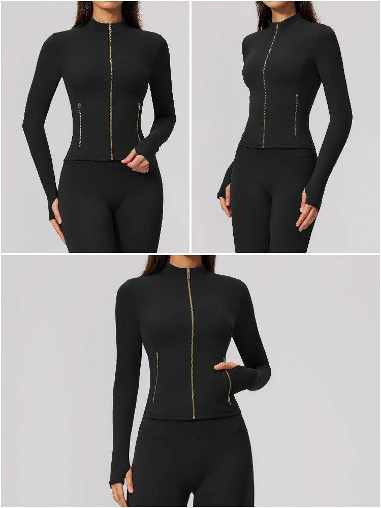 VITALINOVO Damen-Sportjacken mit goldenem Reißverschluss, leicht, mit Daumenlöchern, schmale Passform, für Workout, Laufen, mit Reißverschluss – Detail 12