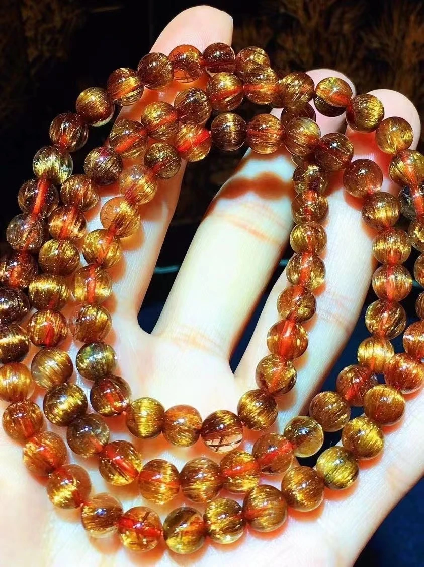 Natural Copper Rutilated Quartz Cat Eye 3 Laps Bracelet 6.6mm Round Beads Rutilated Women Man Bracelet AAAAA