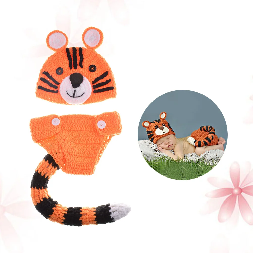

Baby Photo Props Newborn Outfits Baby Costume Tiger Design Knitted Hat Long Tail Pants Infant Clothing Gift For Newborn