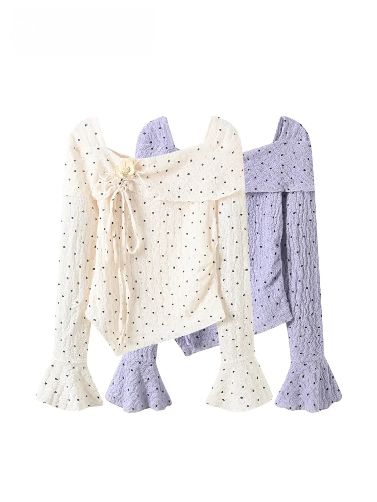 

Женская футболка больших размеров с длинным рукавом в горошек, новинка ранней весны, повседневная, из полиэстера, с эффектом похудения