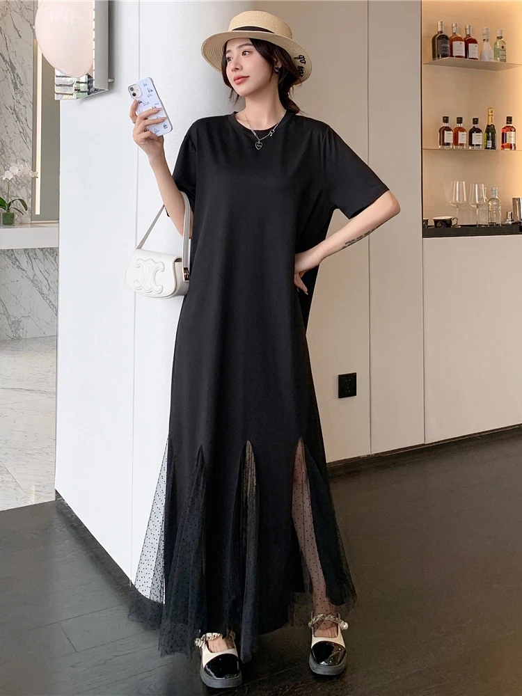 NYFS 2026 Koreanischen Stil frauen Sommer Lose plus Größe Kleid Kurzarm Patchwork Mesh Fischschwanz Lange Robe elbise