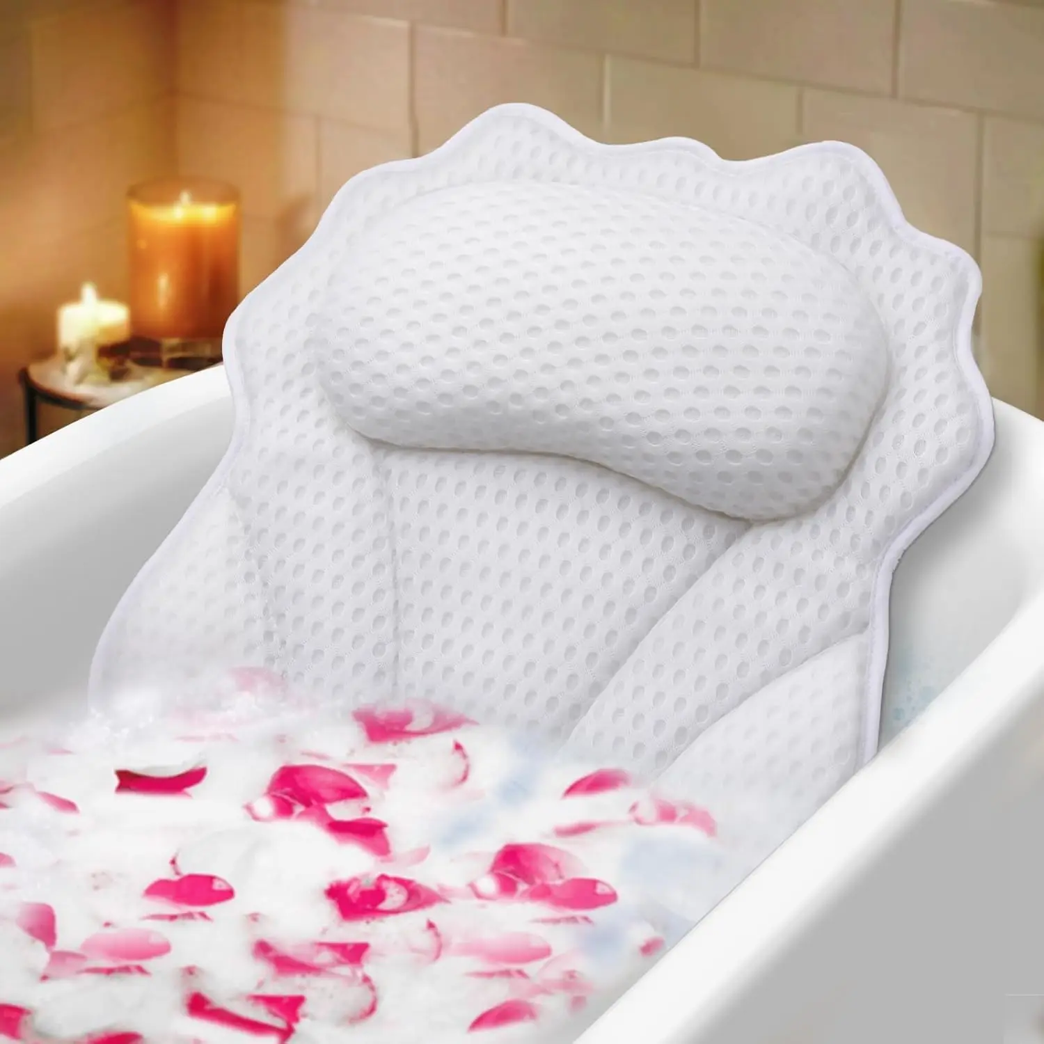 

Bath Pillow with Head, Neck, Shoulder and Back Support, 4D Air Mesh Ergonomic Tub Pillow with 6 Suction Cups, Fits All Bathtubs