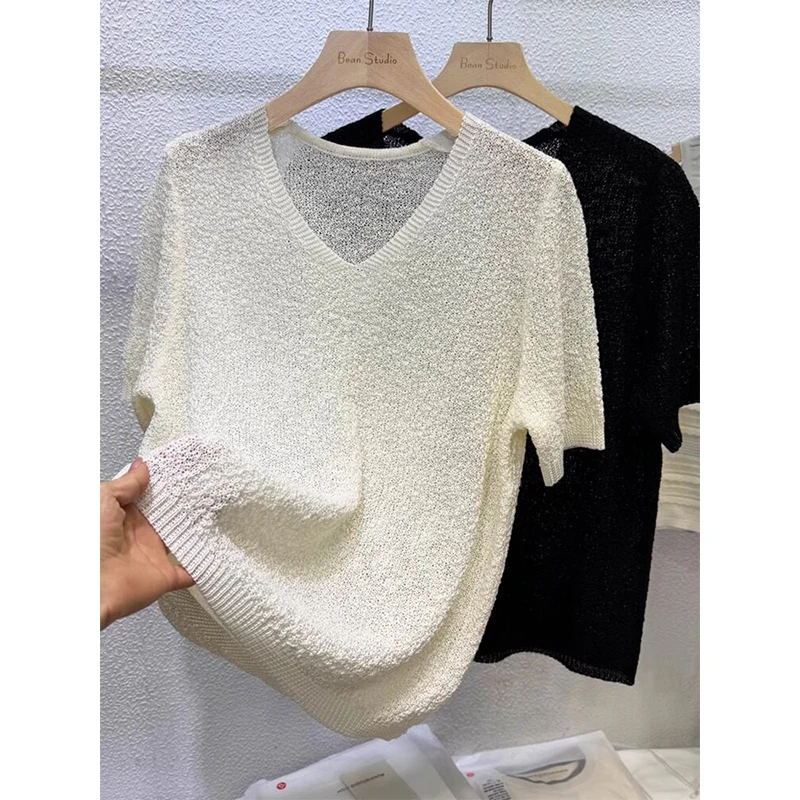 

Women's V-Neck Short Sleeve Knit Tops 2026 Summer Korean Style Sheer Textured Pullover Tees Casual Summer Hollow Out Black Tops