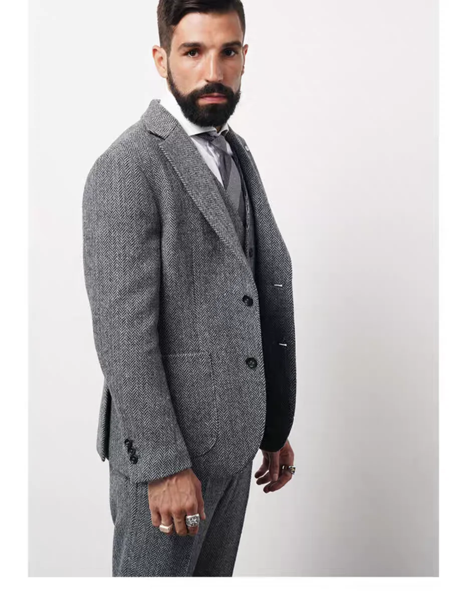 Gray 3-Piece Men's Business Suit Set Wool Classic Herringbone Pattern Groom Tweed Tuxedo for Wedding Daily Office Male Outfits