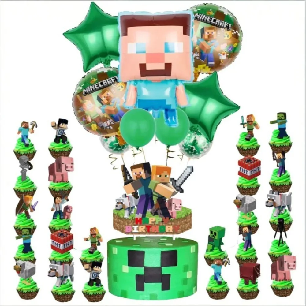 Minecrafte Pixel Balloon Cake Toppers Anime Game Theme Balloons for Birthday Party MC Decoration Aluminum Film Balloon Set Decor