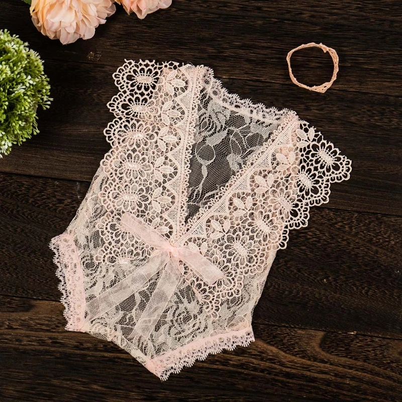 2 Pçs/set 0-1 Mês Adereços Fotografia Recém-nascidos Do Bebê Coroa Headband Lace Oco Macacão Bodysuits Roupa Menina Traje