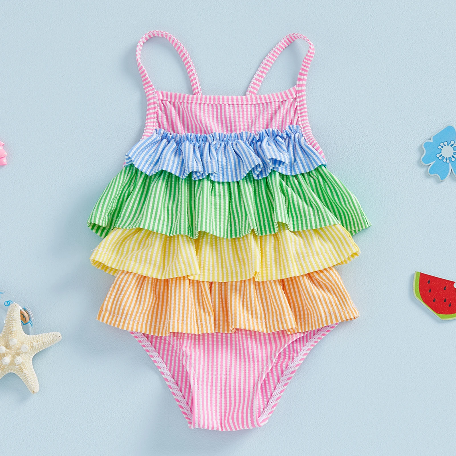Летний комбинезон на бретельках для маленьких девочек, купальник без рукавов, многоуровневый красочный полосатый/клетчатый купальник